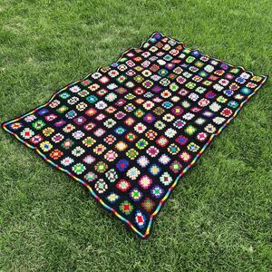 Handmade Crochet Afghan Granny Square Blanket Black Rainbow Edge Retro Boho Thro